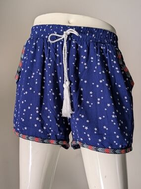 Blue Rain Lined Navy Star Print Drawstring Shorts Tassel Embroidered Hem